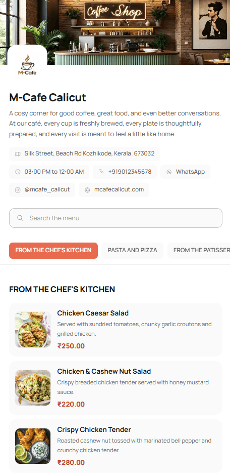 The M-Cafe Calicut menu open on a phone: the restaurant's banner and logo, its address, opening hours, phone, WhatsApp and Instagram, a search box, the category bar, and the first dishes with photos, descriptions and prices.