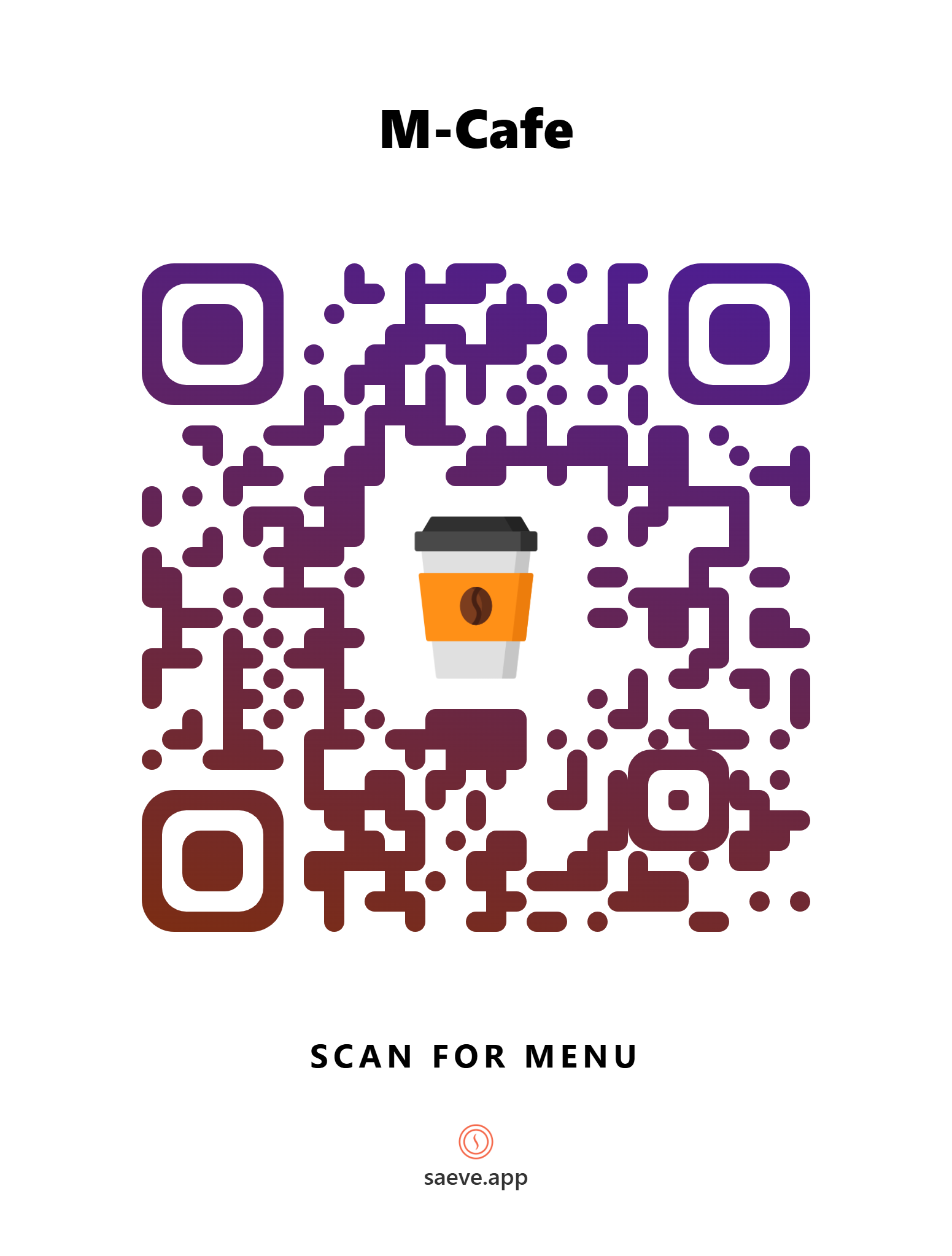Printable table tent for M-Cafe Calicut, with a QR code that opens their menu