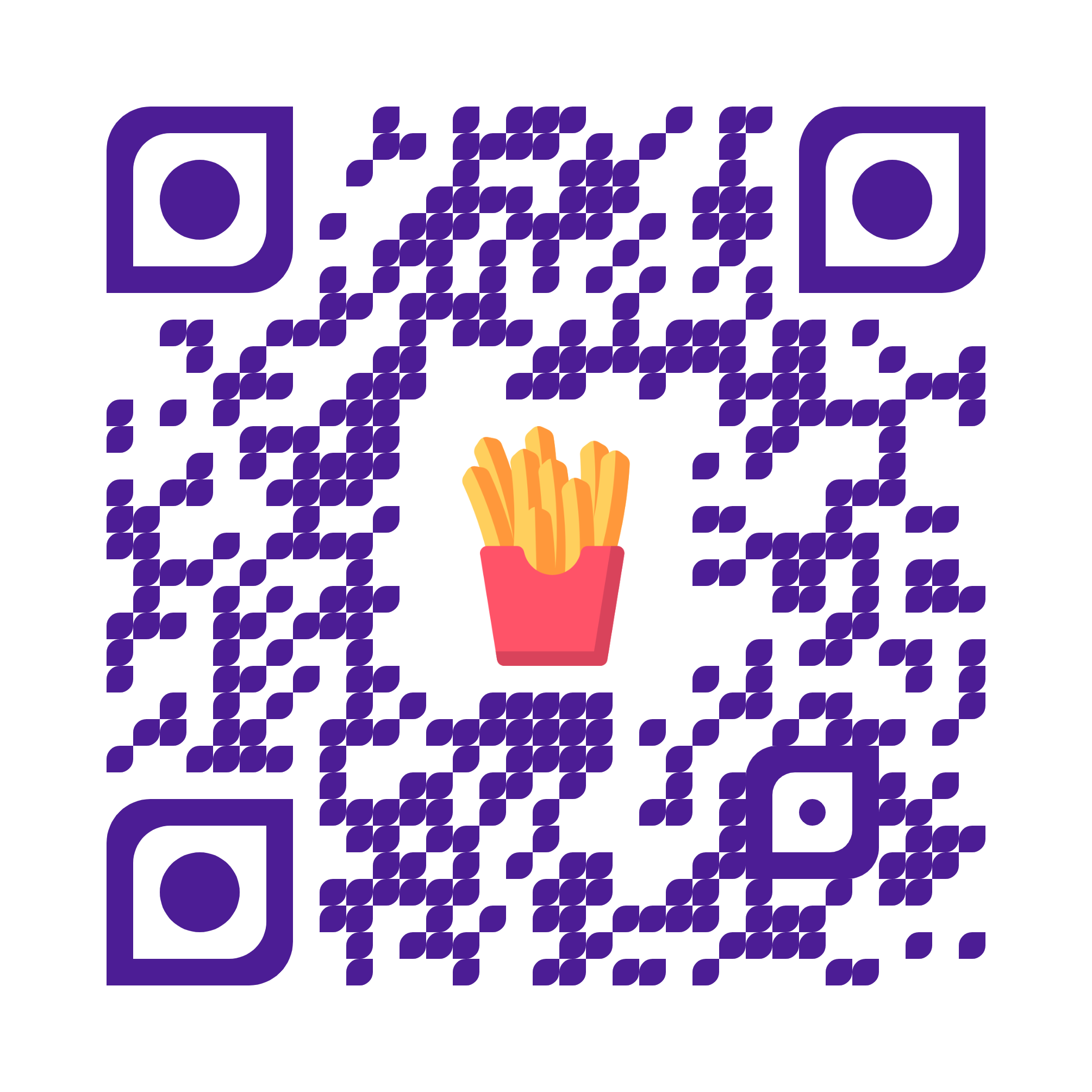 Purple QR code with leaf-shaped modules and a logo in the middle