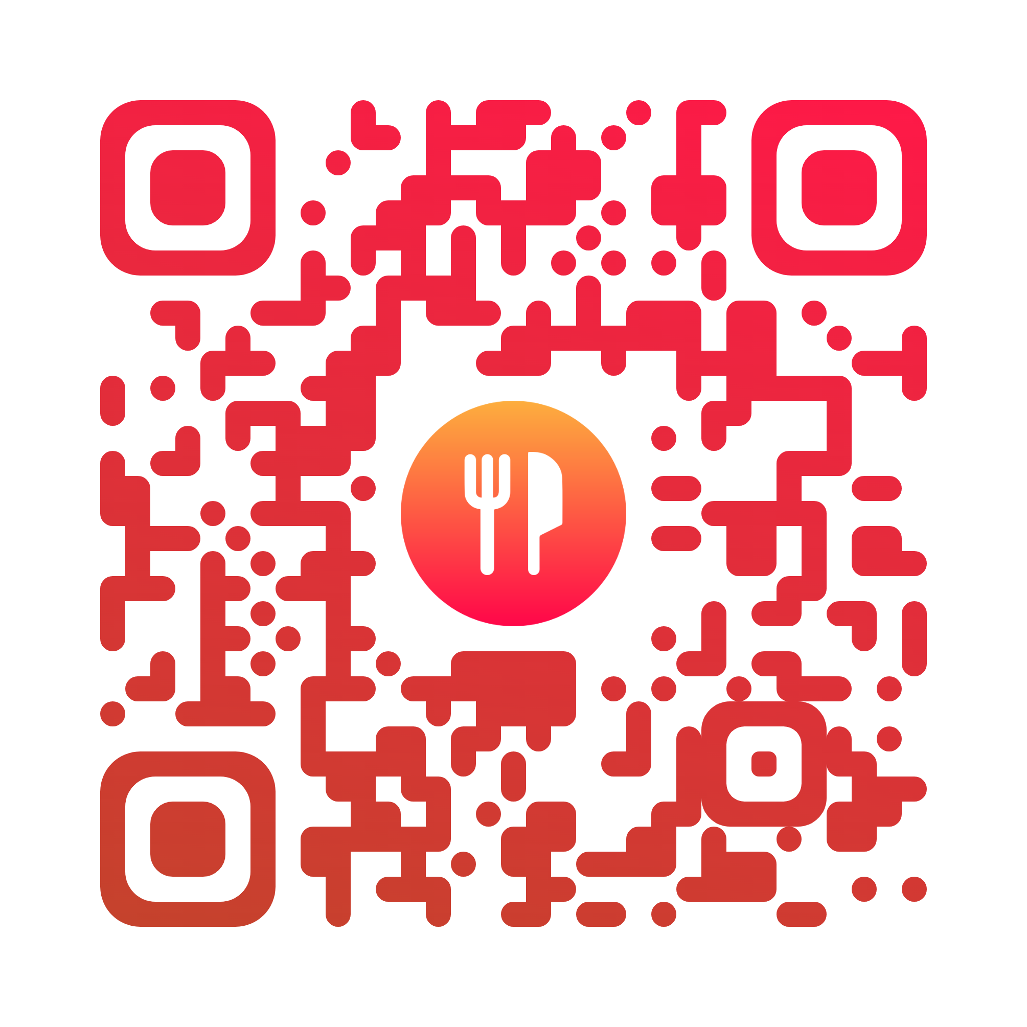 Red and orange gradient QR code with rounded modules and a logo in the middle