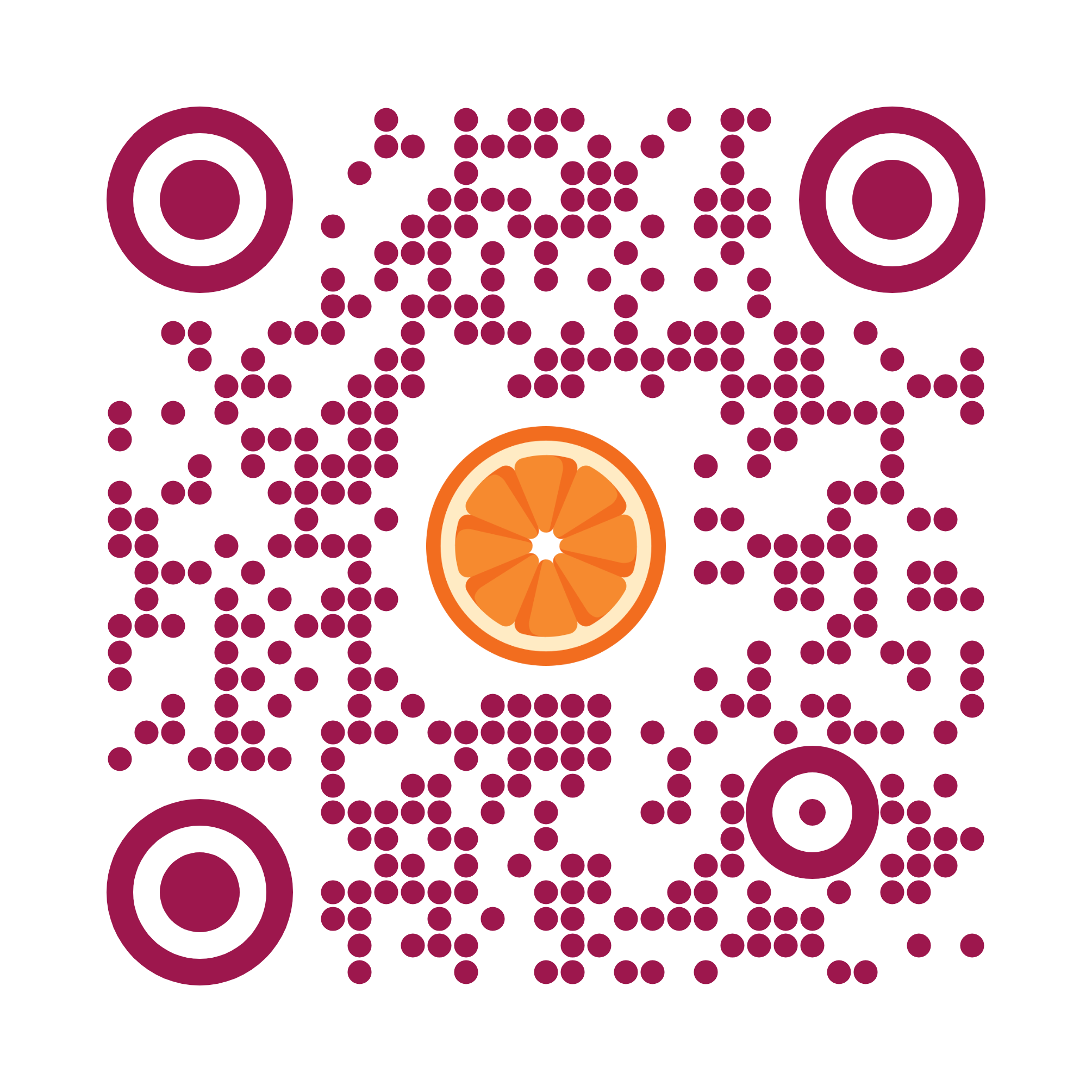 Berry-pink QR code drawn in dots, with ring-shaped corners and a logo in the middle